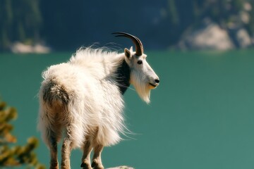 Obraz premium Majestic Mountain Goat Standing on Rocky Outcrop Against Scenic Blue Lake Background