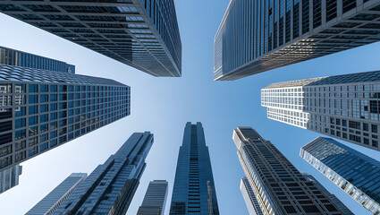 Fototapeta premium Ground perspective view of minimalist skyscrapers shot