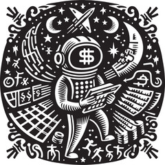 Obraz premium Galactic stock broker making calculations of his revenue in cosmos folk art style
