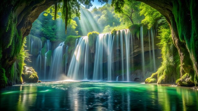 Breathtaking waterfall cascading into a serene pool, surrounded by lush greenery and sunlight filtering through the forest canopy