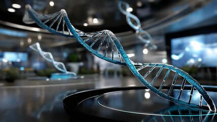 Floating Medical Holograms Surrounding Central DNA Model in Panorama - Powered by Adobe