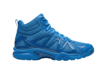 Pristine electric blue high-top athletic shoes, synthetic mesh, glossy panels, sleek lines on transparent studio background, ample copy space, concept of modern athletic performance