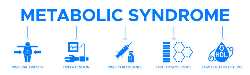 Naklejka premium Symptoms of Metabolic Syndrome banner web icon vector illustration concept with an icon of Hypertension, Insulin Resistance, High Triglycerides, Low HDL-Cholesterol, Visceral Obesity