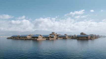 Floating solar community on calm water, Sustainable energy housescape