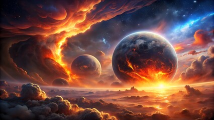 A breathtaking view of planets in space, with clouds and stars creating a stunning and surreal landscape, perfect for science and astronomy enthusiasts