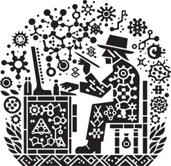 Fototapeta premium Folk art illustration of a scientist creating chemical structures on computer