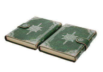 Two closed antique emerald green leather travel journals with faded silver arcane sigils on a transparent studio background with soft shadows, concept of ancient mystery and forgotten lore