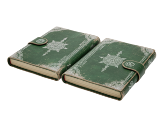 Two closed antique emerald green leather travel journals with faded silver arcane sigils on a transparent studio background with soft shadows, concept of ancient mystery and forgotten lore