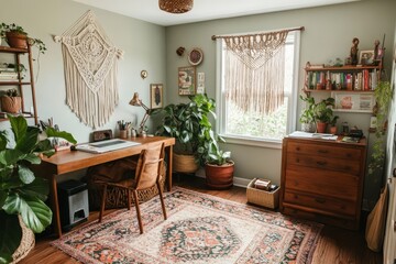 Charming home office featuring wooden desk, macrame curtains, abundant indoor plants, and colorful Persian rug