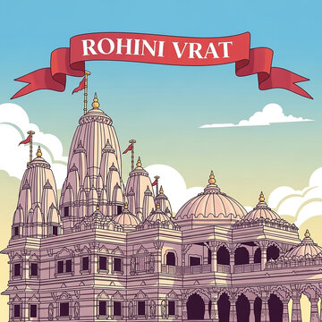 A detailed vector illustration of a grand Hindu or Jain temple for the Rohini Vrat festival.