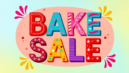 Image of bake sale colourful pattern text over banner and flowers in background.