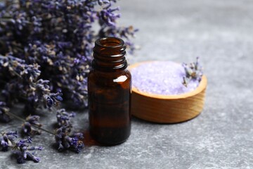 Aroma herbal oil and bath salt with lavender flowers on gray  background. Beauty treatment. Lavender essential oil still life