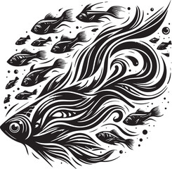 Abstract Monochrome Shoal: A Flowing Aquatic Stencil Design with Swimming Fish