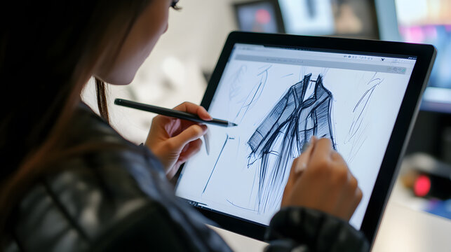 Woman sketching futuristic fashion designs on tablet, digital art creation, modern technology, creative process, stylish inspiration - Powered by Adobe