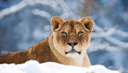 Obraz premium lioness in snowy nature scene wildlife portrait view