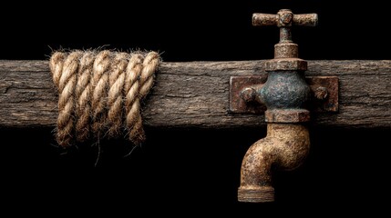 Old, rusty faucet attached to rough wood beam; rope tied to left