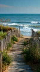 Fototapeta premium Subtle turquoise rollers brushing timber coast walk 