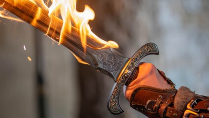 A person is holding a sword with a black handle and a brown band.