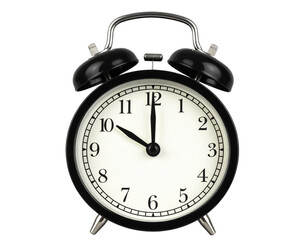 Classic Black Twin Bell Alarm Clock Front View with White Face, Isolated on Transparent Background