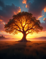 Majestic Oak Tree Silhouetted Against Vibrant Sunset Sky, Serene Meadow Landscape, Warm Golden Hues, Peaceful Evening Atmosphere.