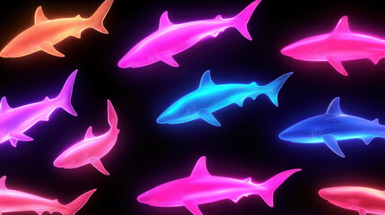 Colorful neon sharks swimming in dark background create vibrant and dynamic underwater scene, showcasing their sleek forms and energy
