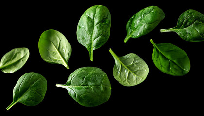 Obraz premium vibrant spinach leaves are suspended in mid air against black background levitation of green spinach leaves soft light highlighting their fresh appearance close up