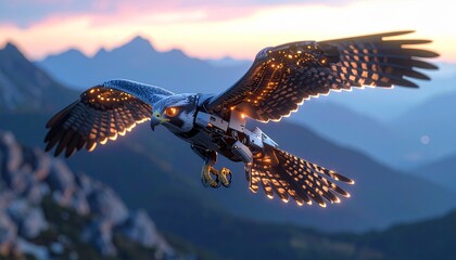 Robotic Falcon Soaring Over Mountain Landscape at Sunset