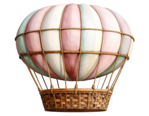Vintage Style Hot Air Balloon with Rope Net and Wooden Basket, Isolated