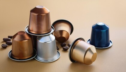 Coffee machine aluminium capsules pods with various fresh aroma coffee taste on beige background 