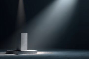 Modern minimalist concrete pedestal stage illuminated by dramatic spotlights for product display