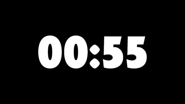 Countdown timer on black background for cooldown or waiting concept, 1-Minute Countdown Timer, Cooldown Clock Animation, Black Screen Overlay, 60-Second Timer Display, Video.