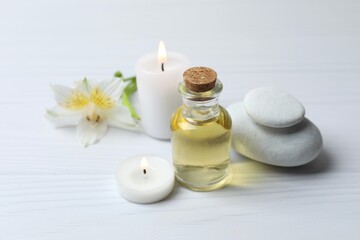 Herbal therapy, traditional medicine and homeopathy concept. Bath salt, candles and bottle natural organic oil essence serum. Set for spa, massage and aromatherapyy