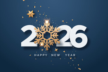 Naklejka premium 2026 New Year greeting card with a gold snowflake, stars, and confetti on a navy background
