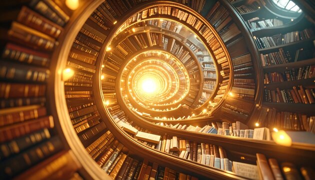 Spiral Bookshelf: A Towering Library with Warm Light