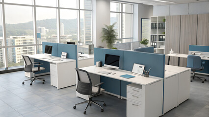 Modern office workspace with blue partitions and city view windows  