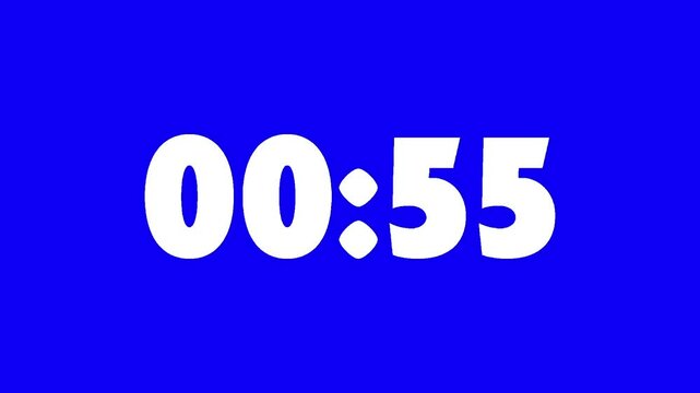 Countdown timer on blue background for cooldown or waiting concept, 1-Minute Countdown Timer, Cooldown Clock Animation, Blue Screen Overlay, 60-Second Timer Display, Video.