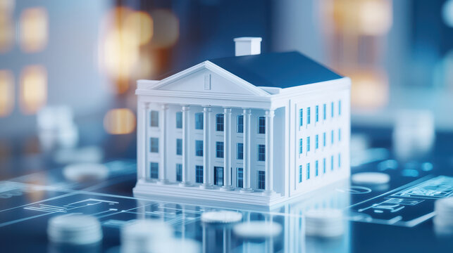 Detailed model of classical building representing finance, surrounded by digital elements and currency symbols, evokes sense of modern investment