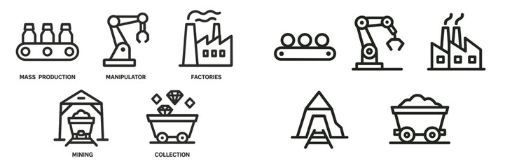 Industrial processes illustrated through various icons depicting production, automation, and extraction in factories and mining sites