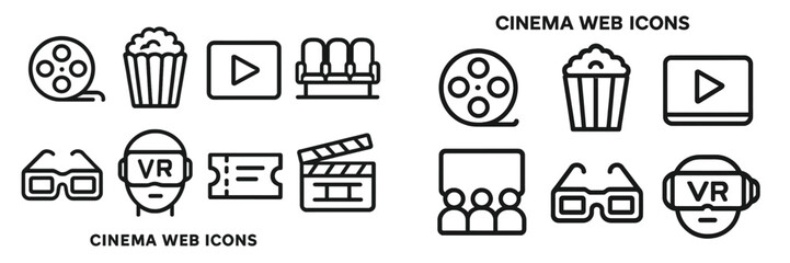 Web icons representing cinema activities with popcorn, VR, and film elements in an organized layout