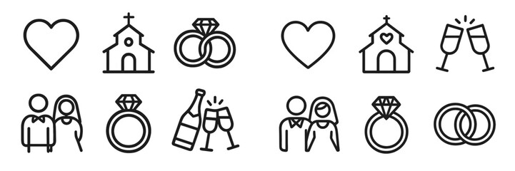 Celebration of love with wedding symbols and icons showcasing rings, glasses, and hearts at a joyful event