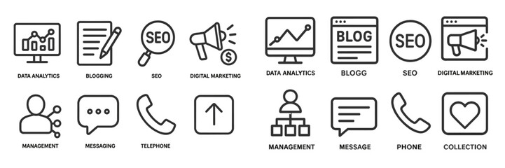 Collection of digital marketing and data analytics icons in line art style on a white background for web and graphic design projects