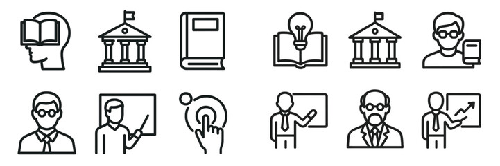 Educational icons depicting learning, teaching, and knowledge, illustrating various aspects of education and academia