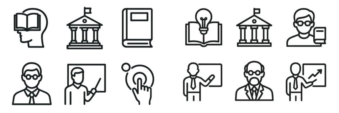 Educational icons depicting learning, teaching, and knowledge, illustrating various aspects of education and academia