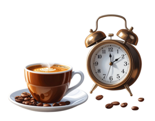 Morning Espresso with Alarm Clock, isolated on a transparent background PNG