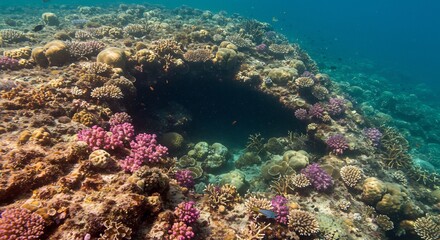 Naklejka premium サンゴ礁洞窟 神秘的深海光彩 鮮やか色彩生命輝く. AI Generated