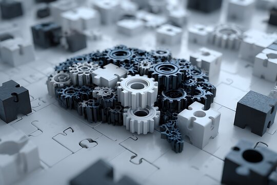Creative brain concept made of gears and puzzle pieces representing innovation and solutions