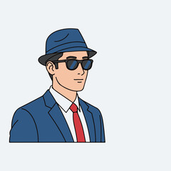 Obraz premium Confident man in suit wearing fedora and sunglasses against simple white backdrop, creating a distinguished look. This man in suit exudes confidence,
