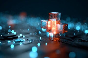 Dynamic data flow concept with glowing cross shape over circuit board, technology background