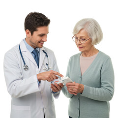 Doctor Explains Medication to Senior Patient Healthcare Prescription Treatment Advice Geriatric