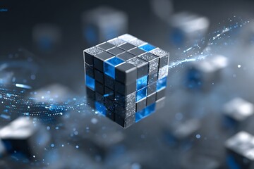 Dynamic 3D cube representing data flow and digital transformation in a modern design
